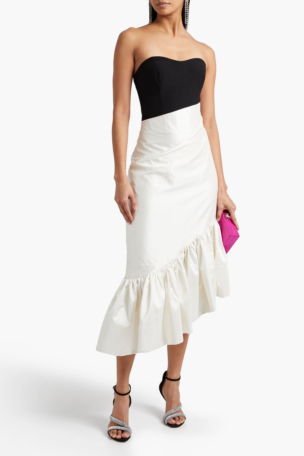 RASARIO Strapless two-tone silk-blend shantung  and crepe midi dress