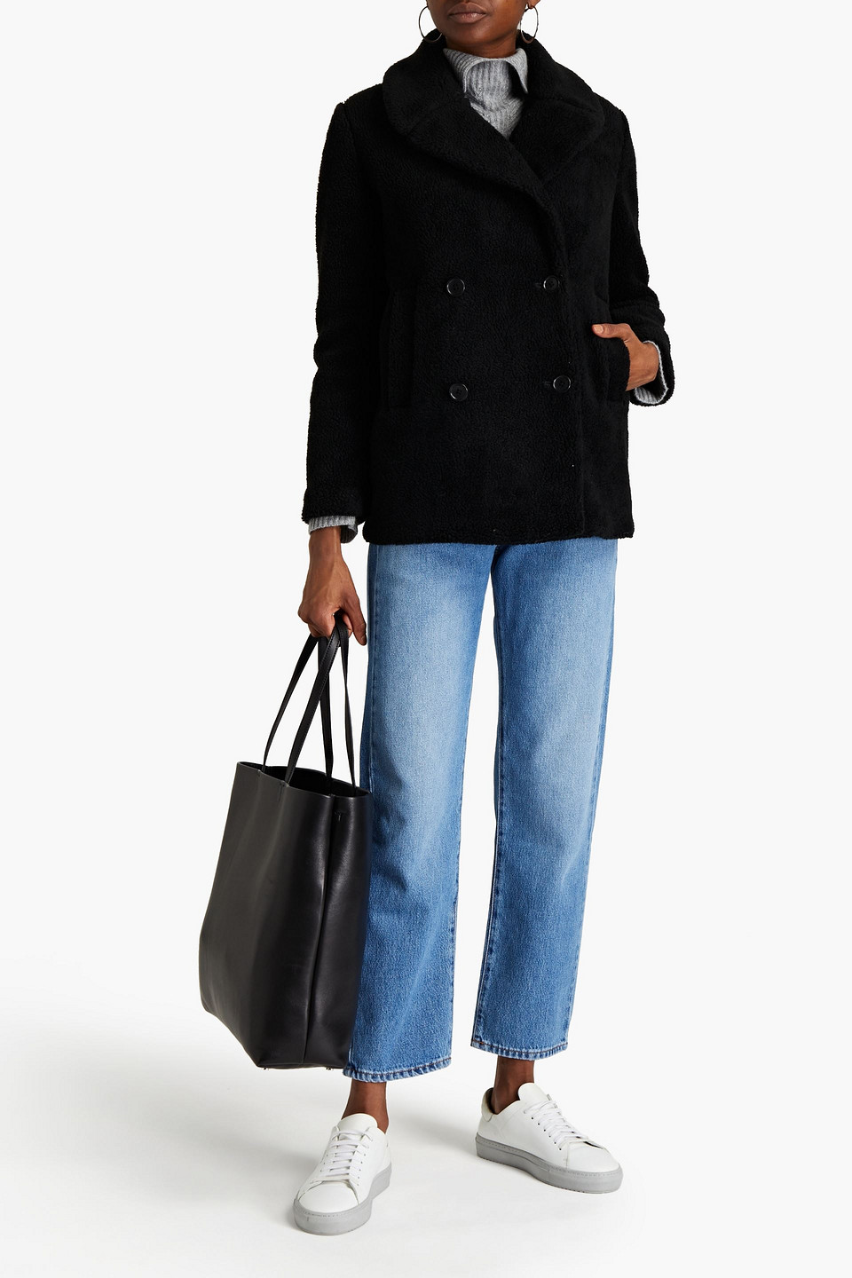 James Perse Double-breasted Faux Shearling Coat In Black