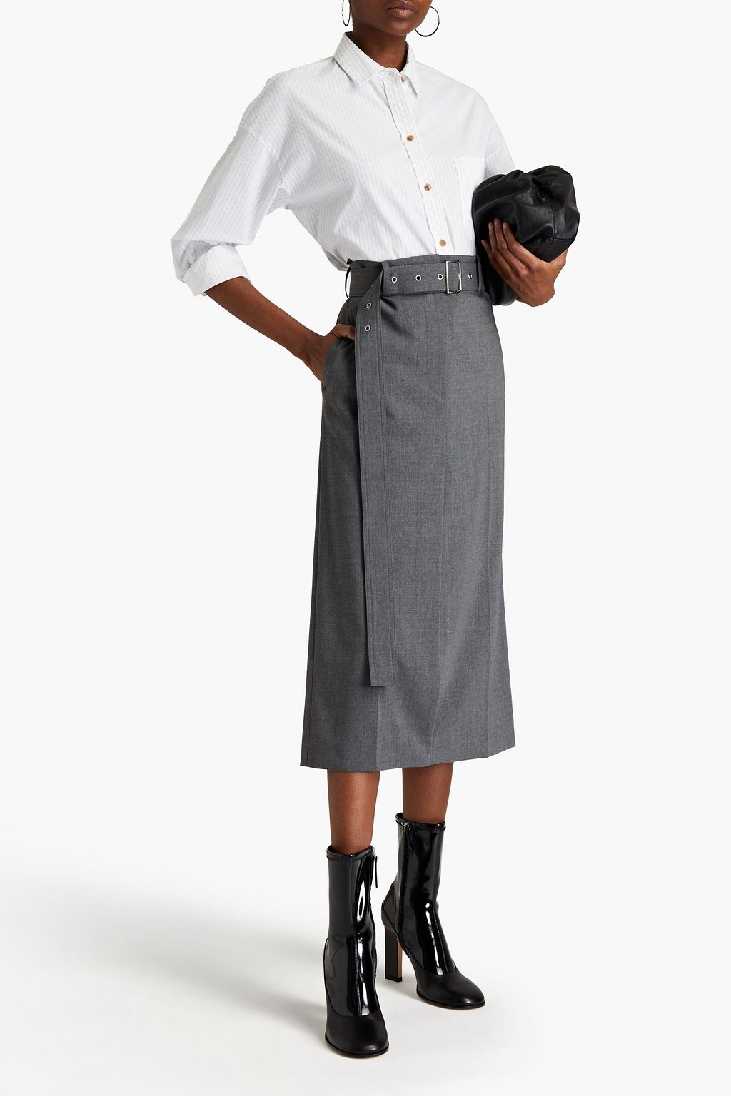 HELMUT LANG Belted wool-blend crepe midi skirt