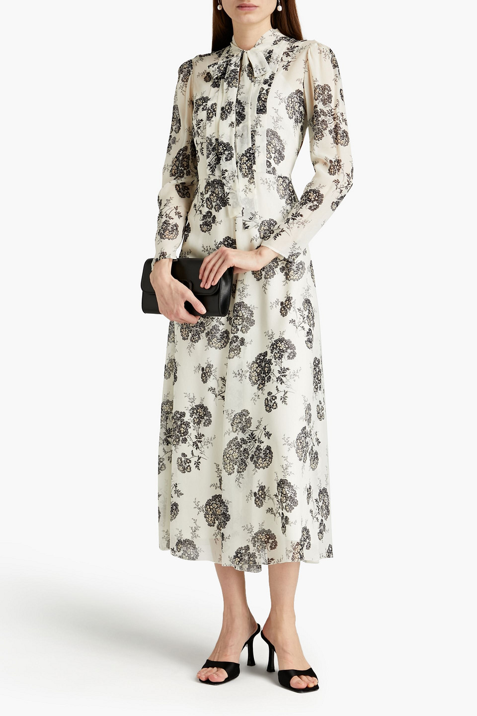 Red Valentino Pussy-bow Floral-print Silk-chiffon Midi Dress In Ivory