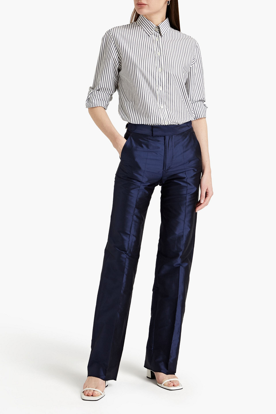 Officine Générale Paris 6ᵉ Celeste Silk-dupioni Straight-leg Trousers In Blue