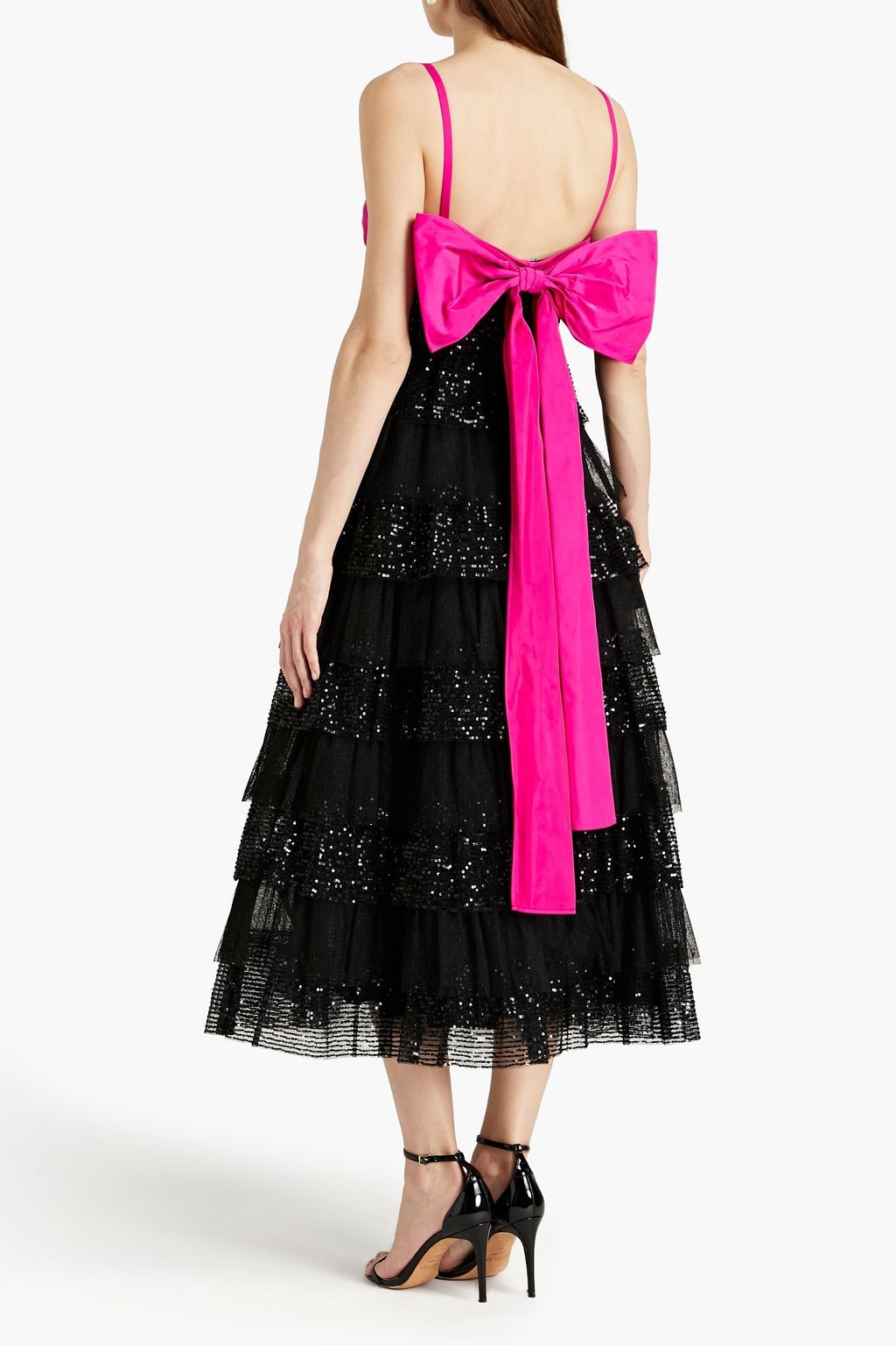 REDVALENTINO Tiered paneled embellished sequined mesh, point d'esprit and twill midi dress