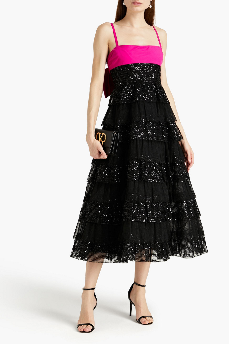 Red Valentino Tiered Paneled Embellished Sequined Mesh, Point D'esprit And Twill Midi Dress In Black