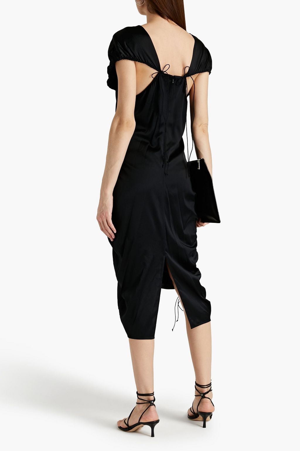 HELMUT LANG فستان متوسط الطول غير متماثل من الساتان والحرير المخلوط ومميّز بثنيات