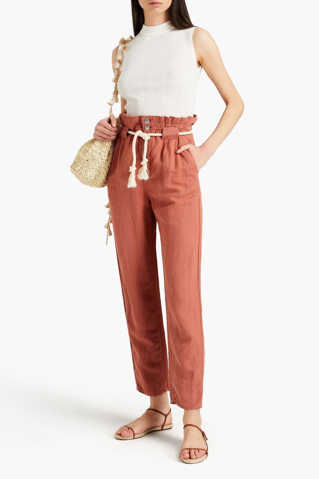 VERONICA BEARD Karter belted cotton and linen-blend twill tapered pants