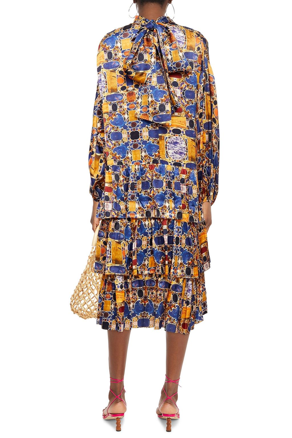RHODE Cecile tiered pussy-bow printed silk-blend satin midi dress