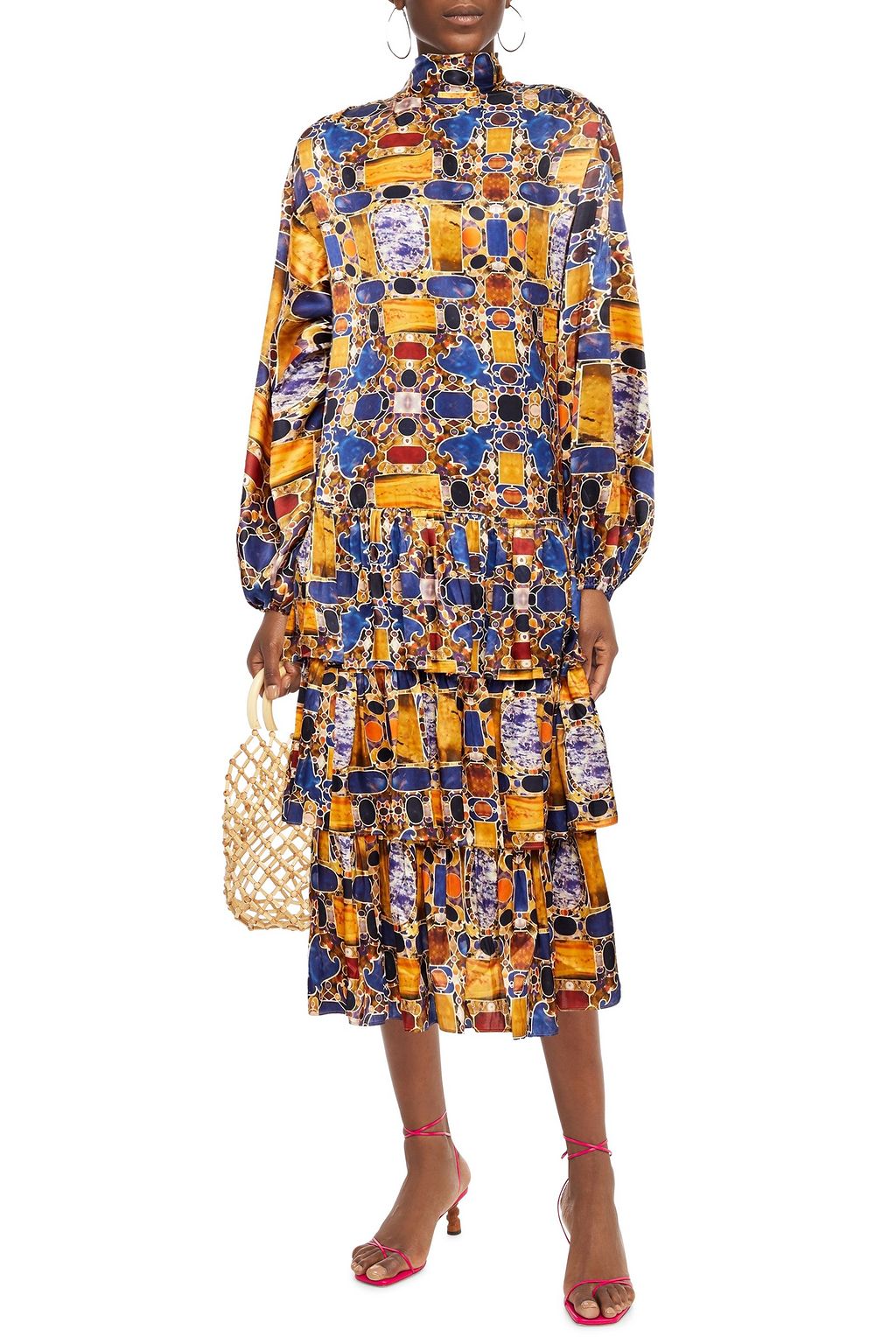 RHODE Cecile tiered pussy-bow printed silk-blend satin midi dress