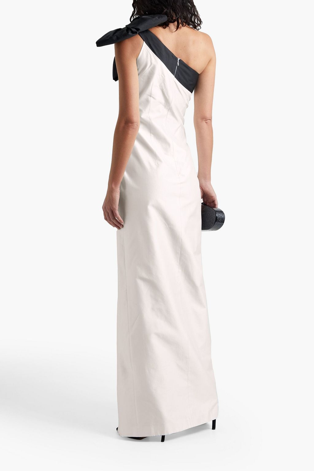 RASARIO One-shoulder bow-embellished silk-satin gown