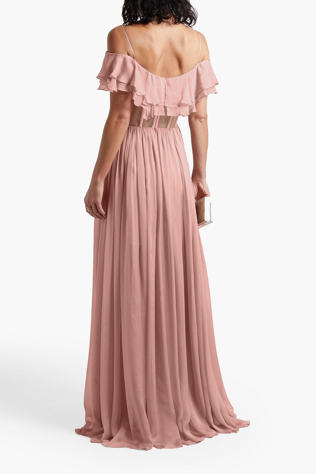 RASARIO Cold-shoulder ruffled organza-paneled silk-chiffon gown