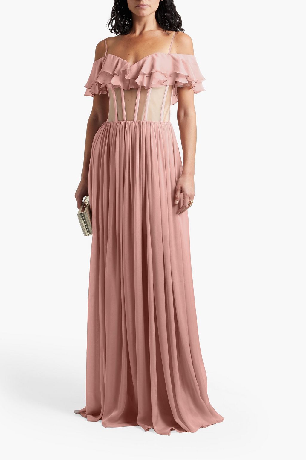 RASARIO Cold-shoulder ruffled organza-paneled silk-chiffon gown