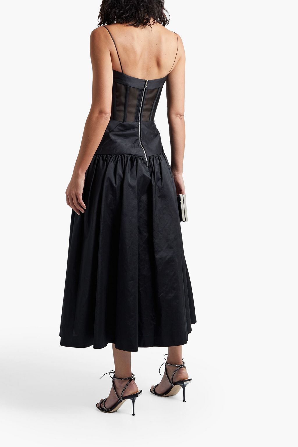 RASARIO Pleated organza-paneled silk-blend midi dress