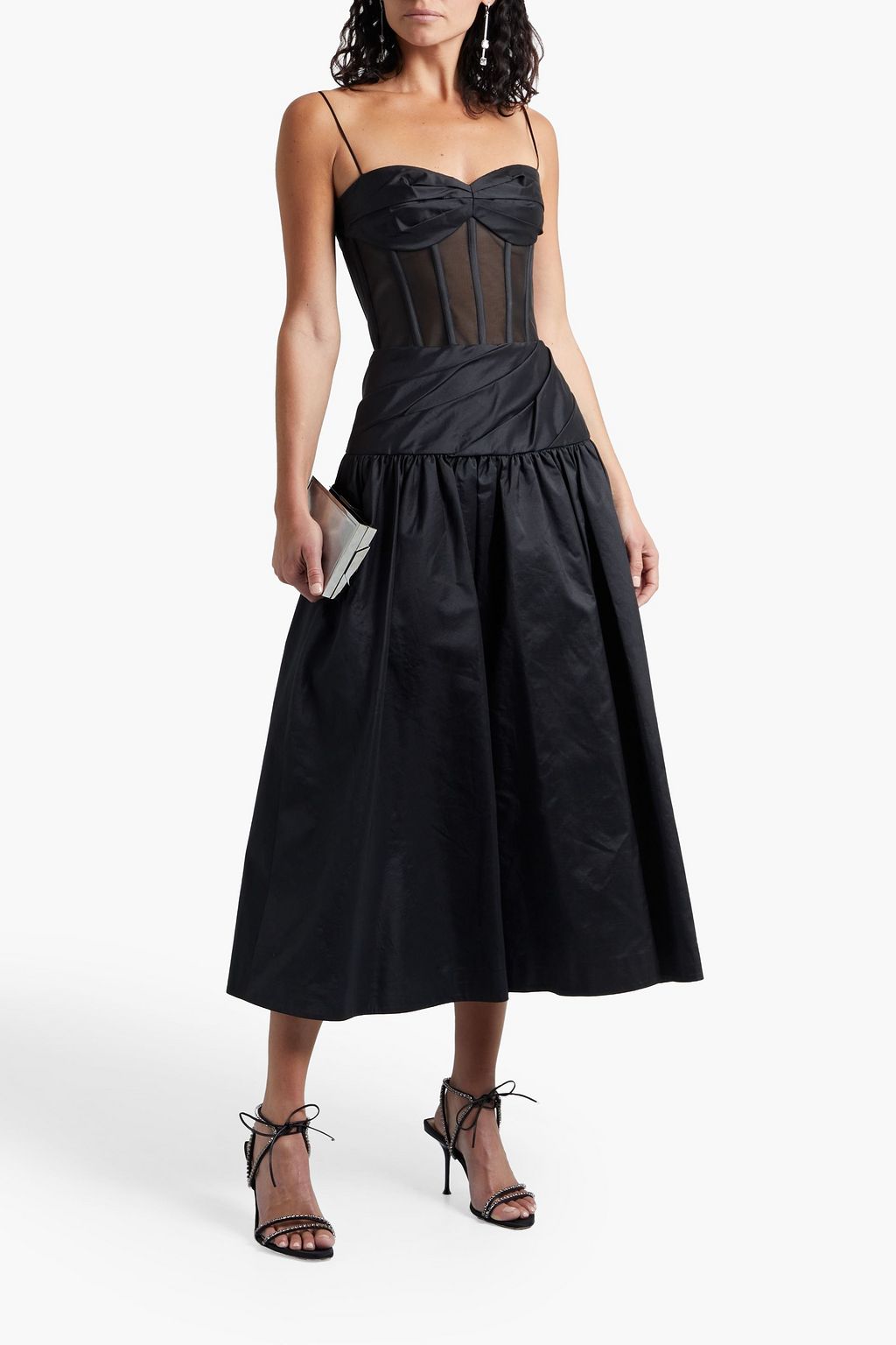 RASARIO Pleated organza-paneled silk-blend midi dress
