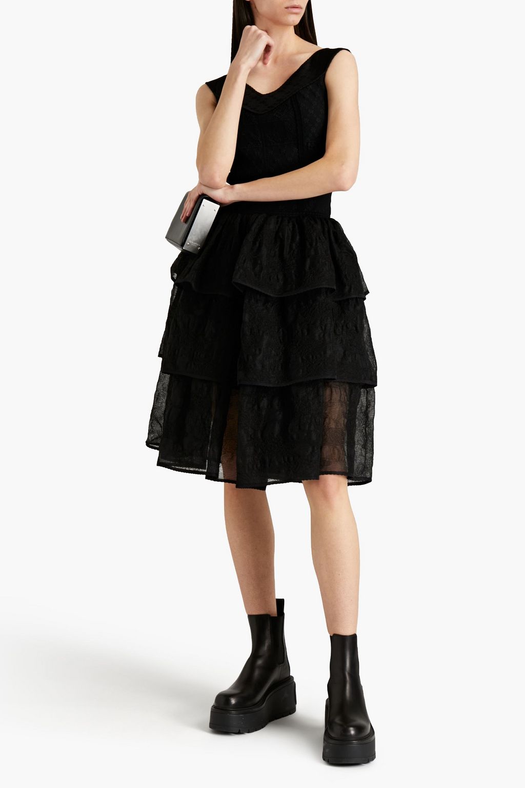 MCQUEEN Tiered lace-paneled jacquard-knit dress