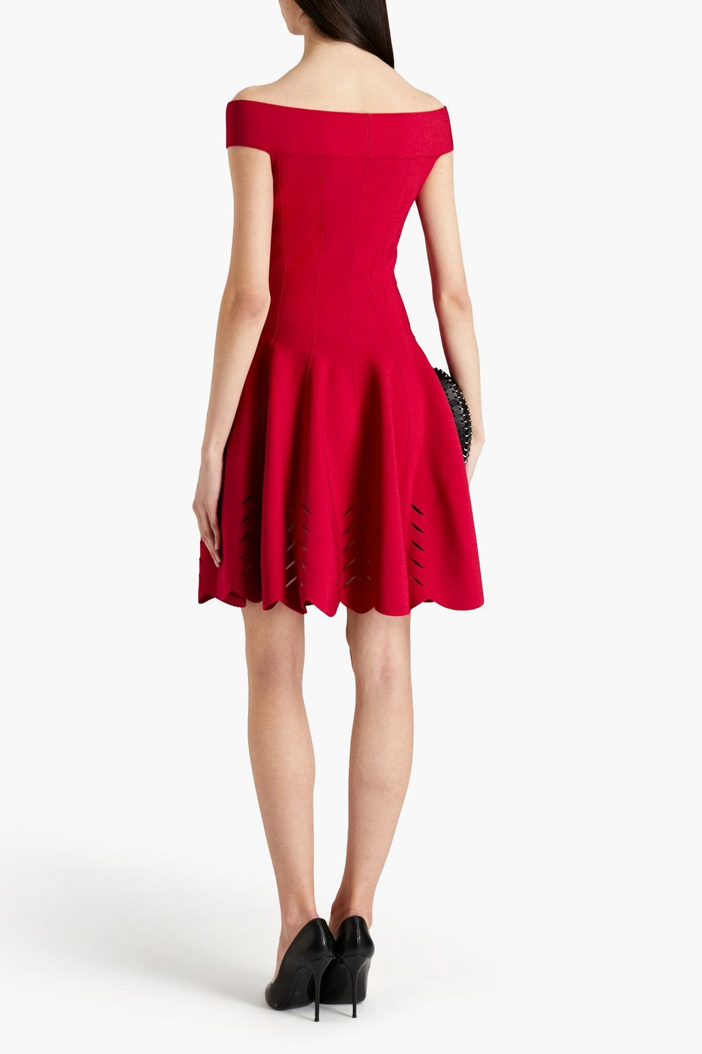MCQUEEN Off-the-shoulder laser-cut stretch-knit mini dress
