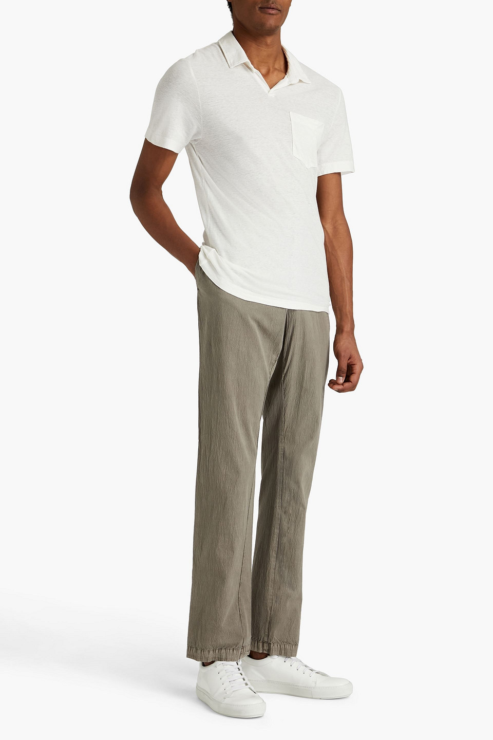 James Perse Man Slim-fit Cotton-blend Seersucker Trousers In Green