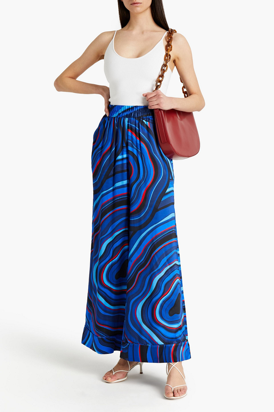 Rhode Emilio Printed Silk-blend Charmeuse Wide-leg Trousers In Blue