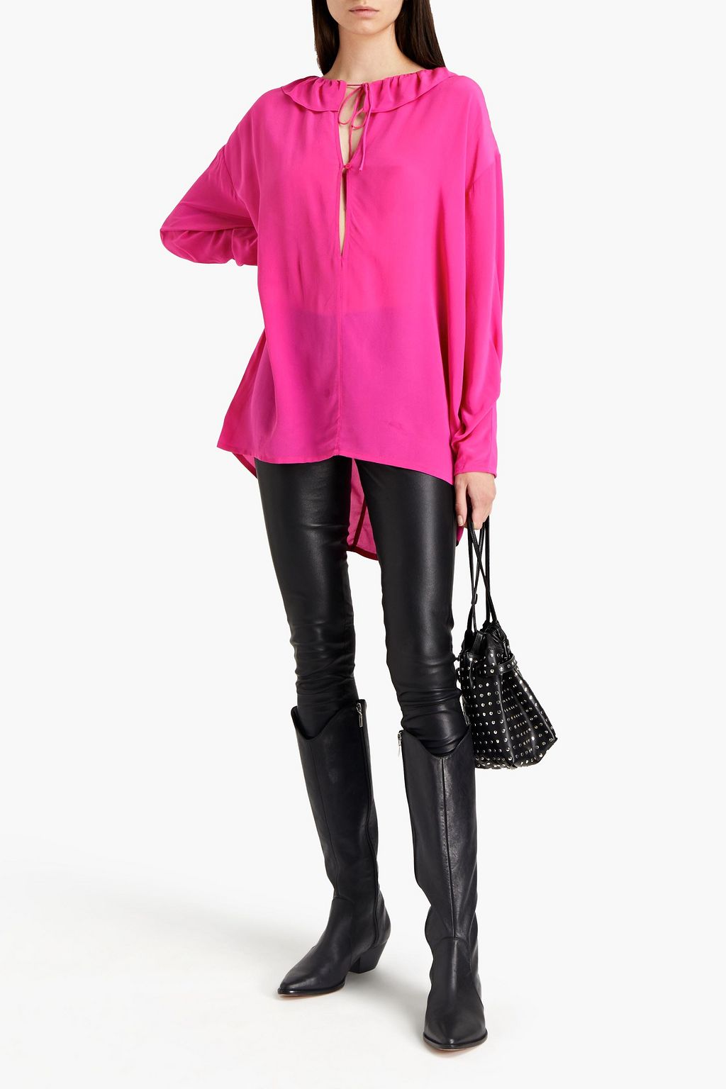 IRO Niklo ruffled shirred silk crepe de chine top