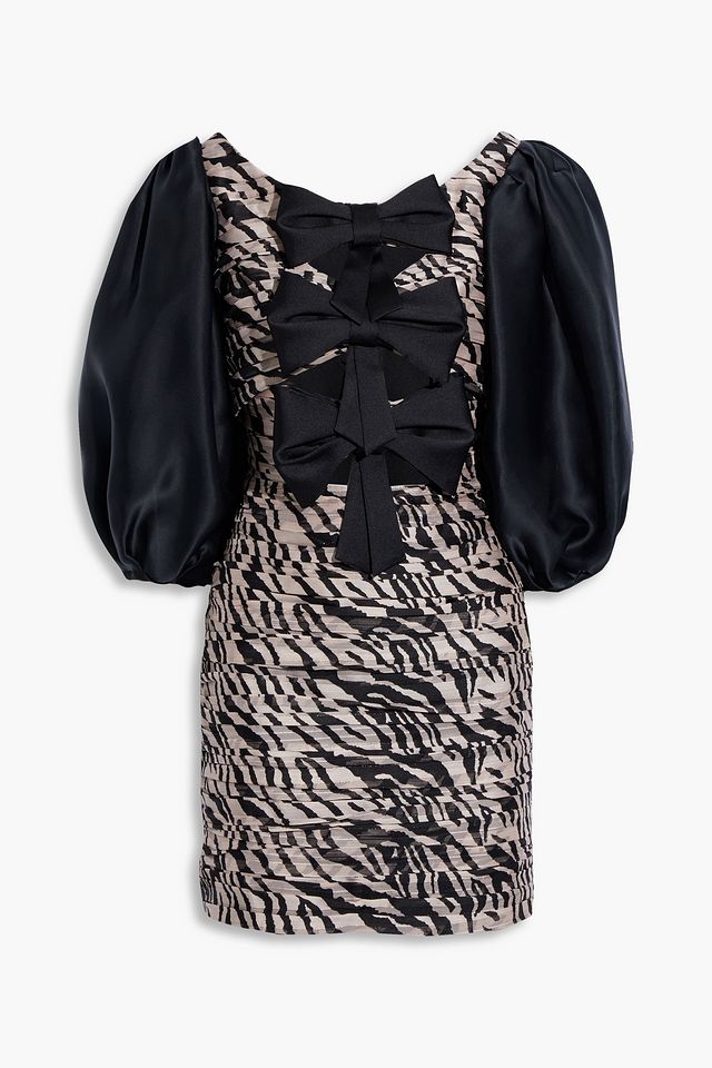 Bow-embellished satin-paneled metallic zebra-print chiffon mini dress