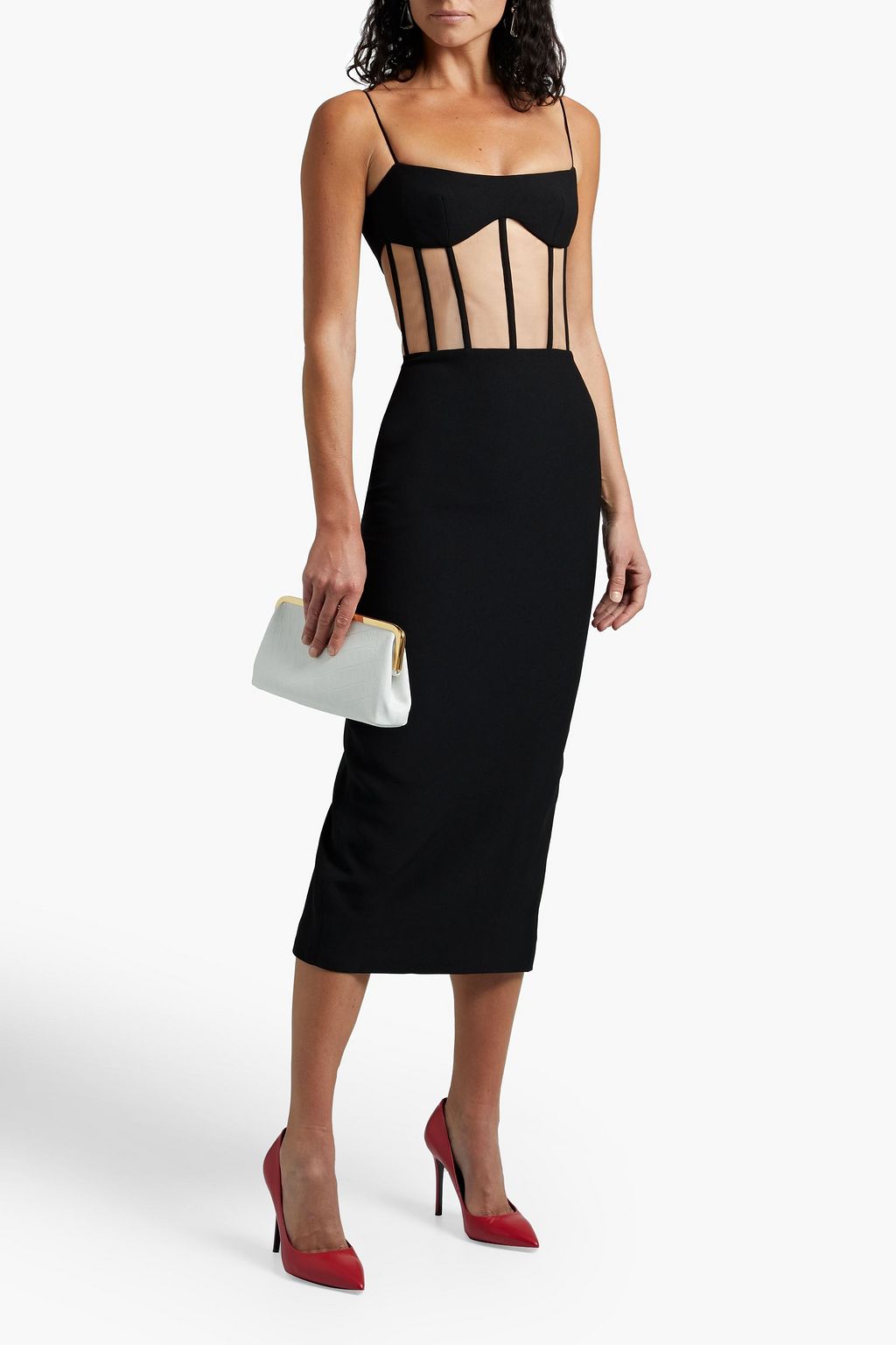 RASARIO Tulle-paneled crepe midi dress