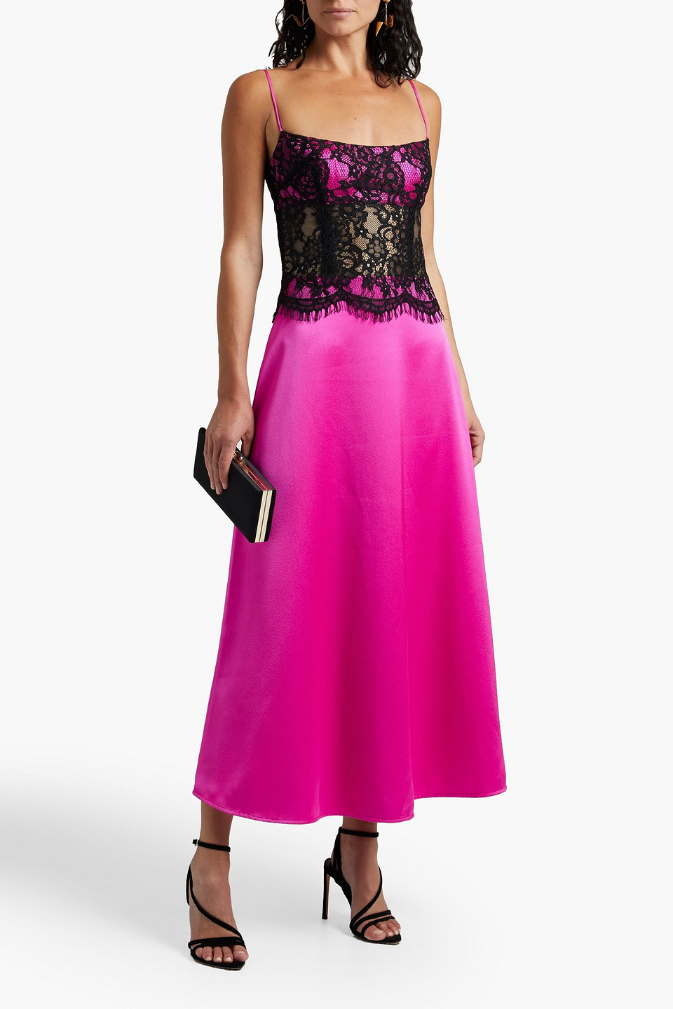 Rasario Open-back Lace-paneled Satin Midi Dress In Purple