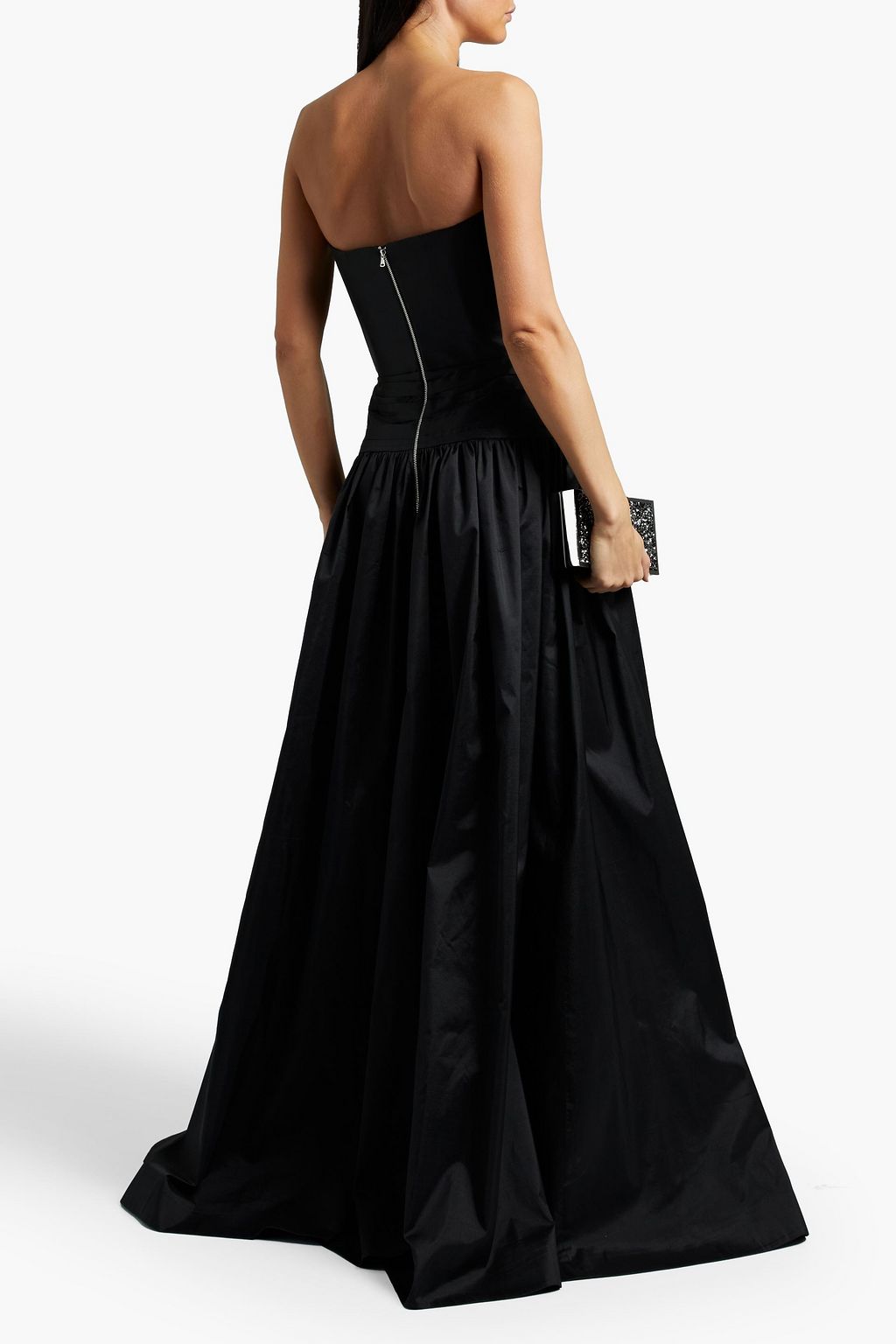 RASARIO Strapless pleated draped silk-shantung gown