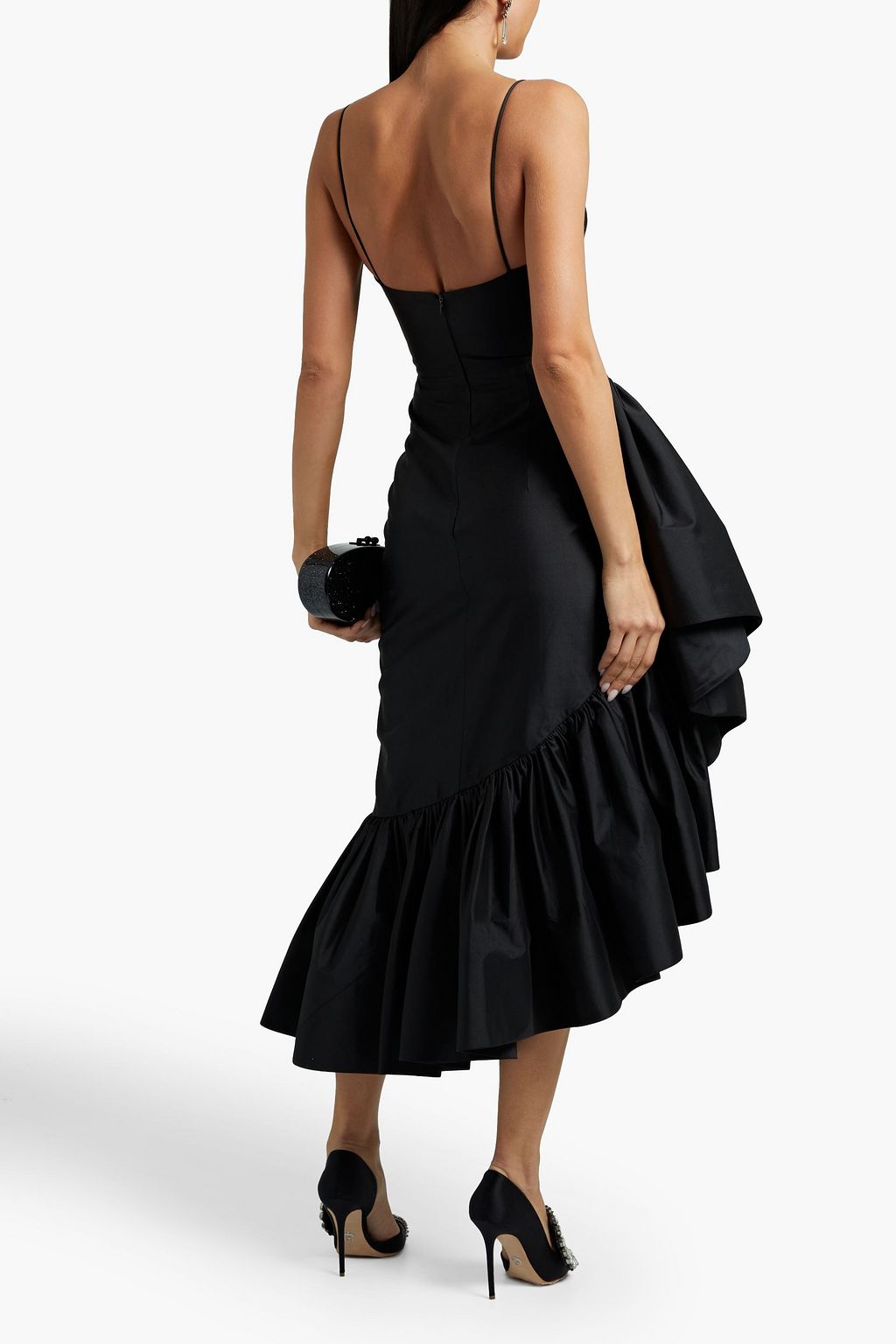 RASARIO Asymmetric ruffled silk-shantung dress