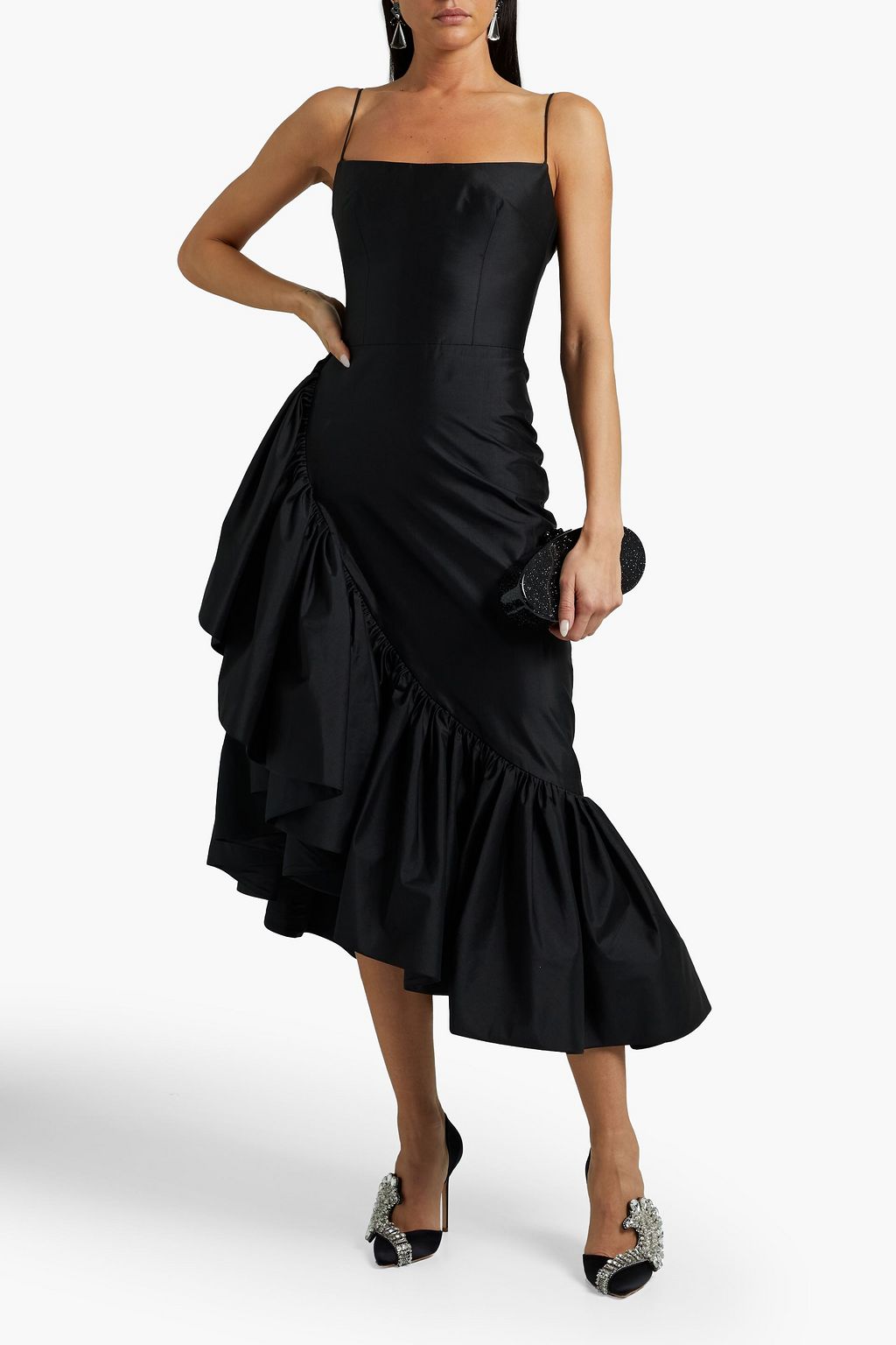 RASARIO Asymmetric ruffled silk-shantung dress