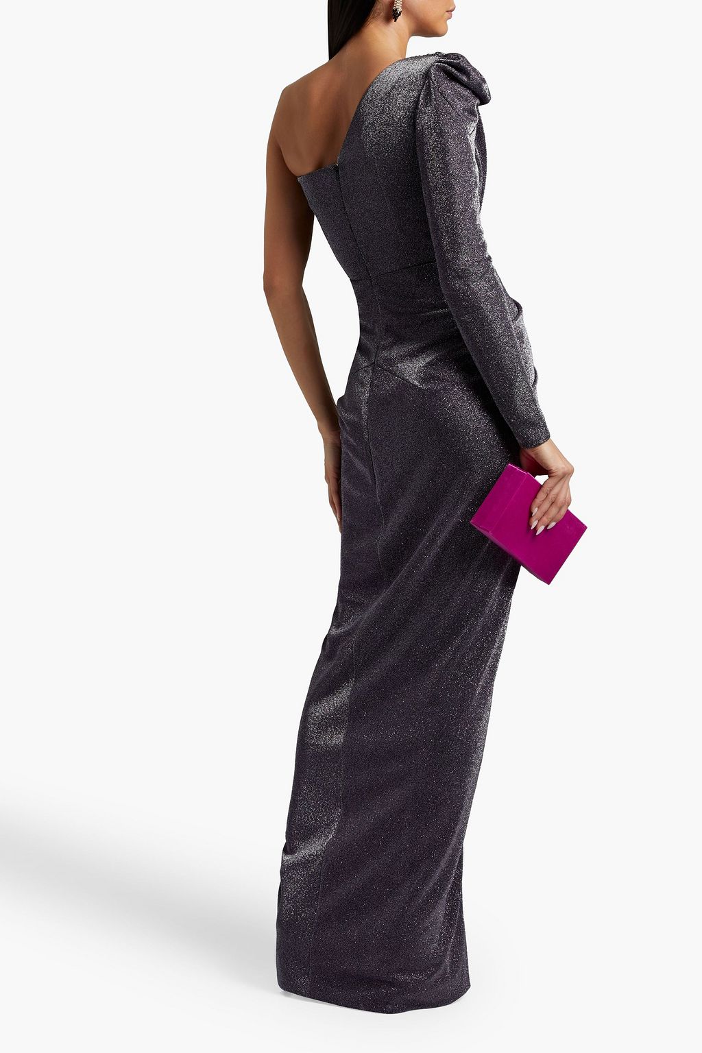 RHEA COSTA One-shoulder draped metallic stretch-knit gown