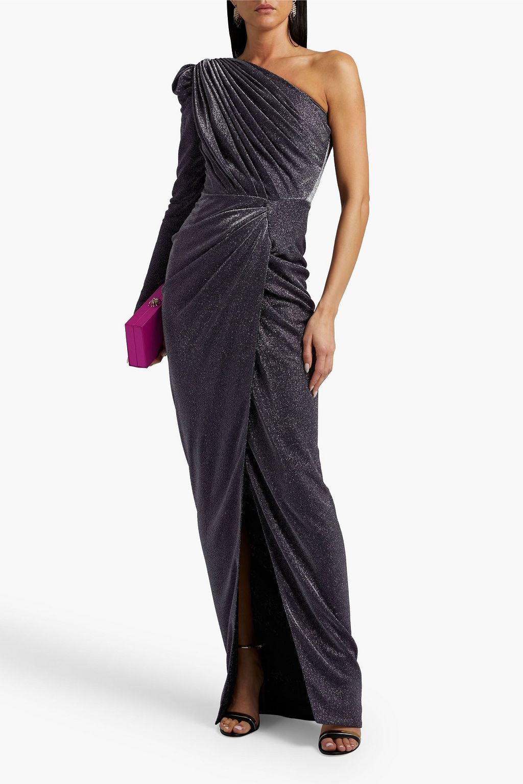 RHEA COSTA One-shoulder draped metallic stretch-knit gown