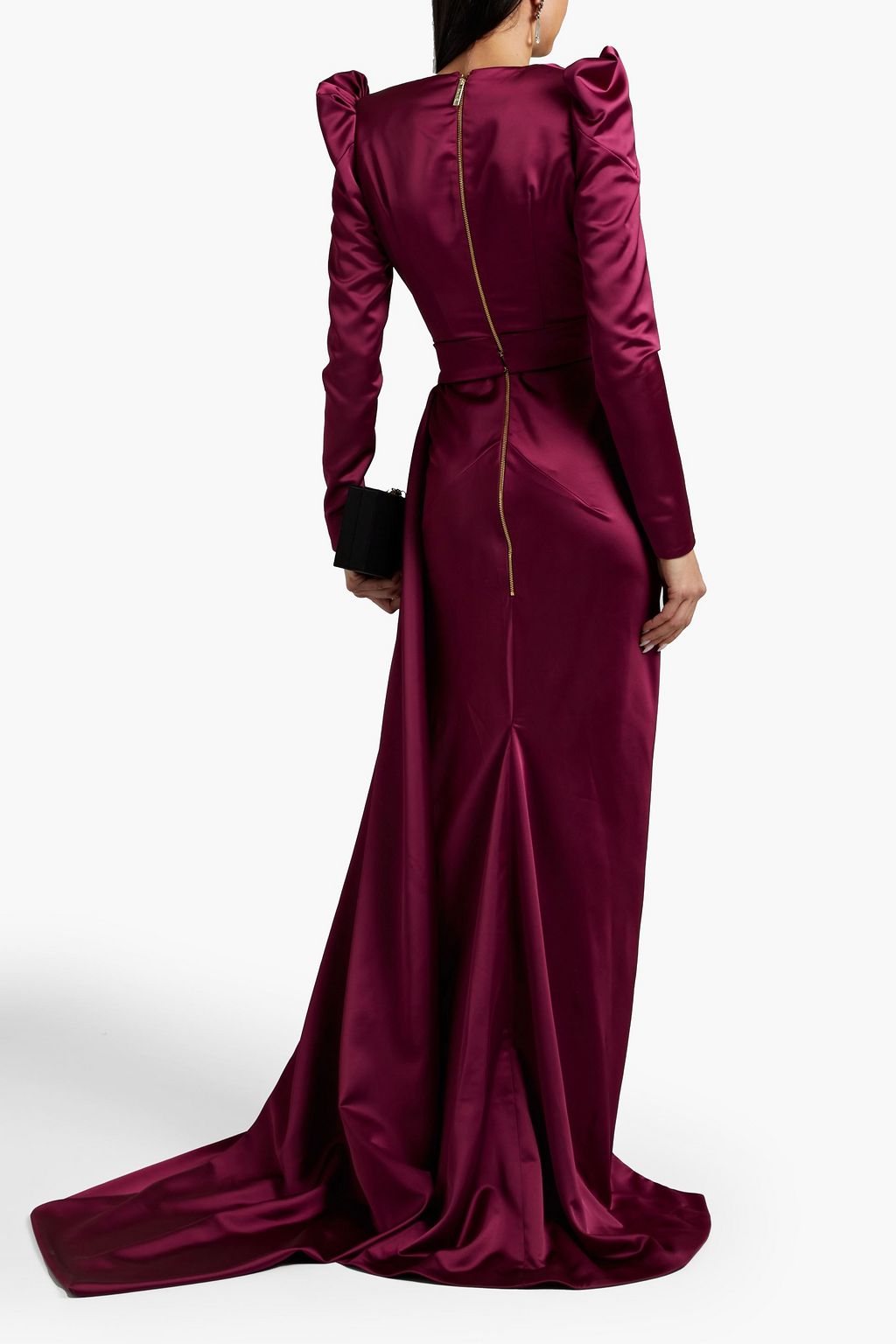 RHEA COSTA Belted draped satin gown