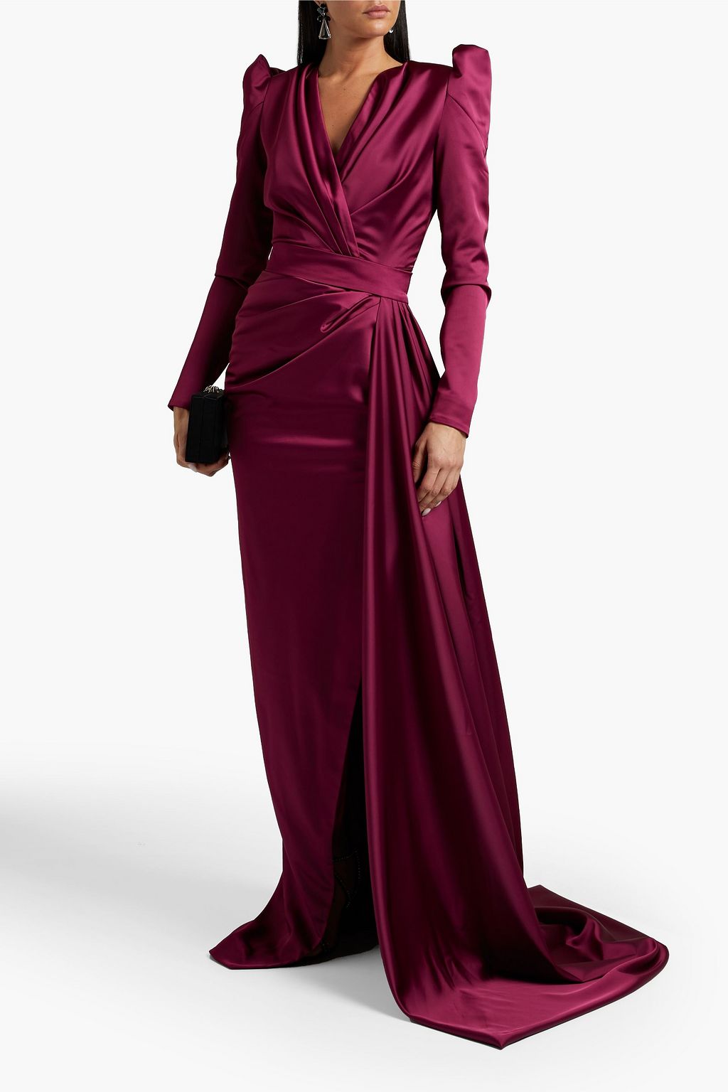 RHEA COSTA Belted draped satin gown