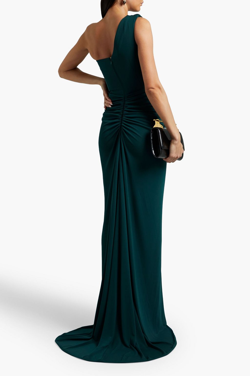 RHEA COSTA One-shoulder draped ruched stretch-crepe gown
