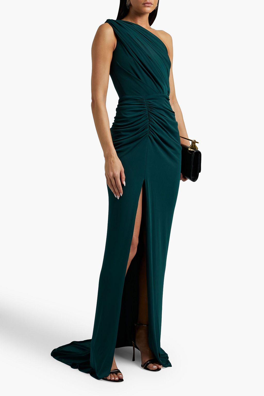 RHEA COSTA One-shoulder draped ruched stretch-crepe gown