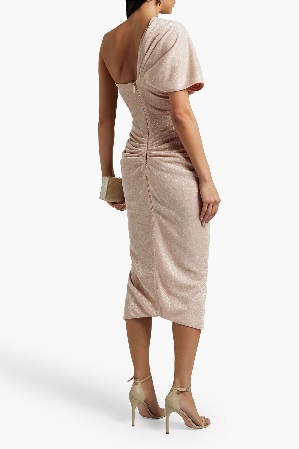 RHEA COSTA One-shoulder wrap-effect metallic stretch-ponte midi dress