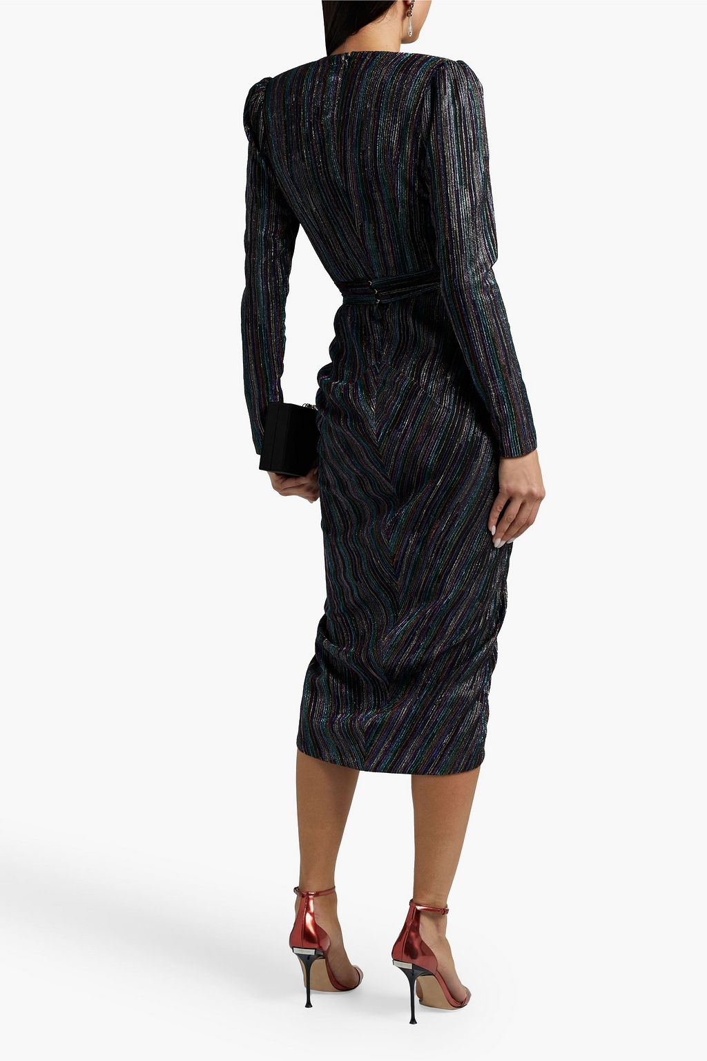 RHEA COSTA Wrap-effect metallic striped crepe de chine dress