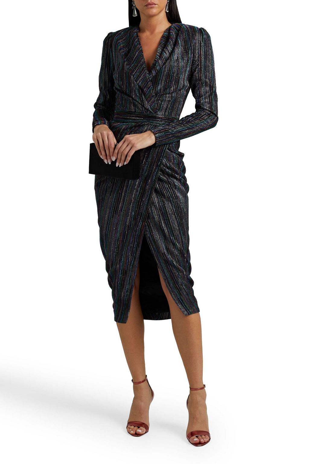 RHEA COSTA Wrap-effect metallic striped crepe de chine dress
