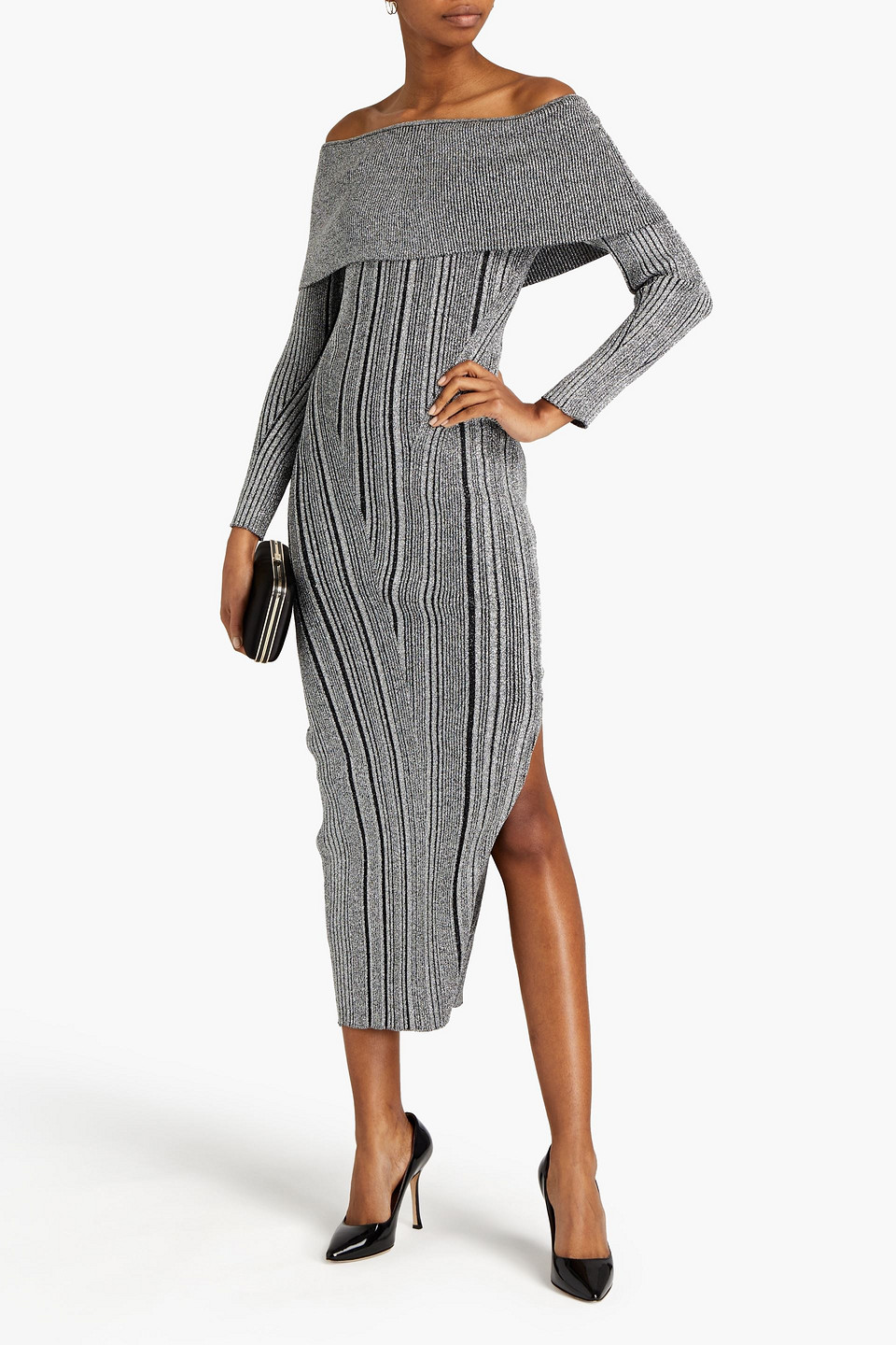 Herve Leger Off-the-shoulder Ribbed Metallic Stretch-knit Midi Dress In Silver