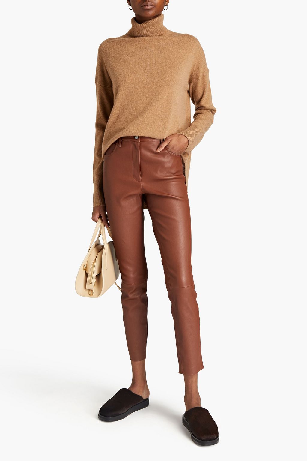 Brown Cropped leather slim-leg pants 