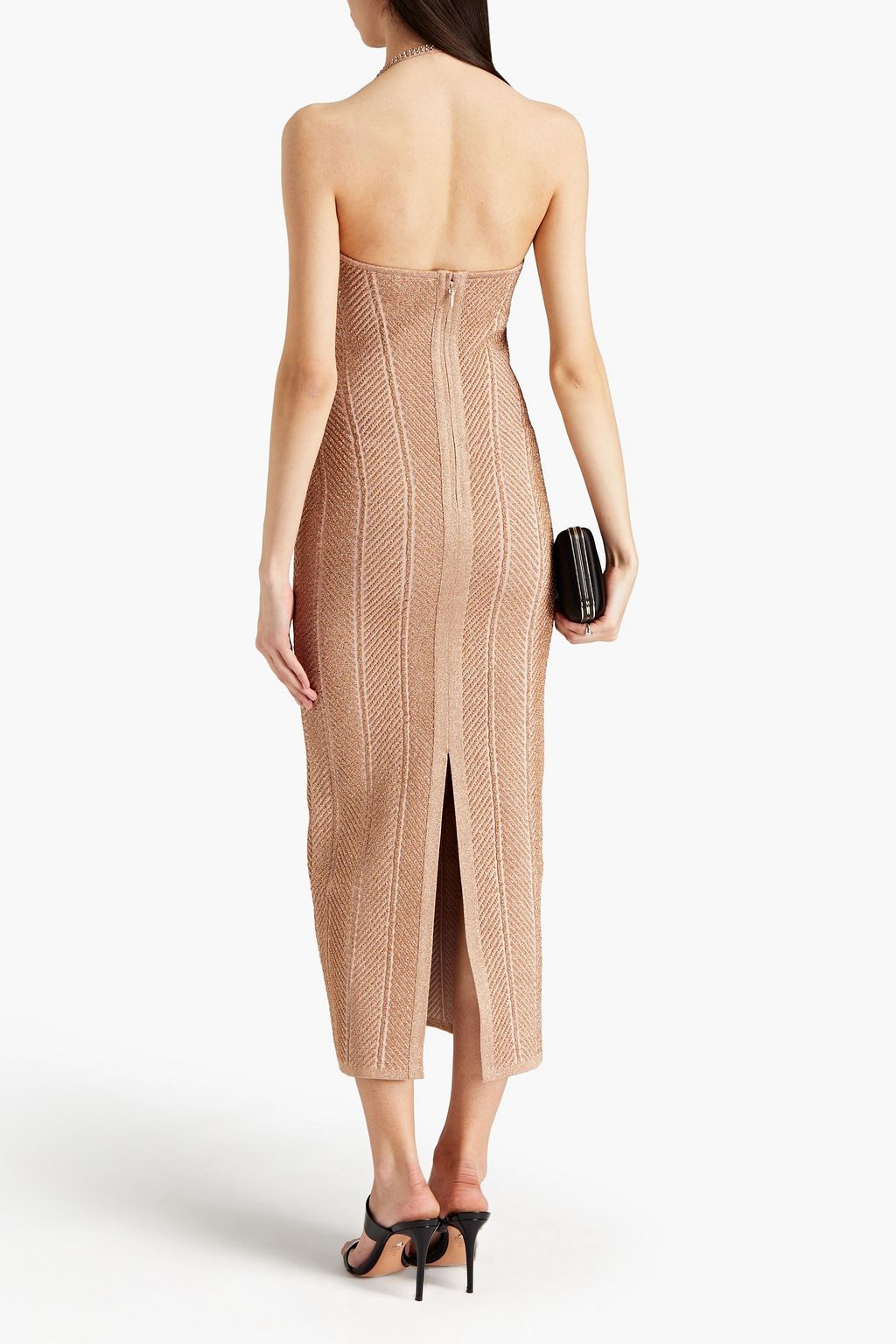HERVÉ LÉGER Crystal-embellished metallic ribbed bandage halterneck midi dress