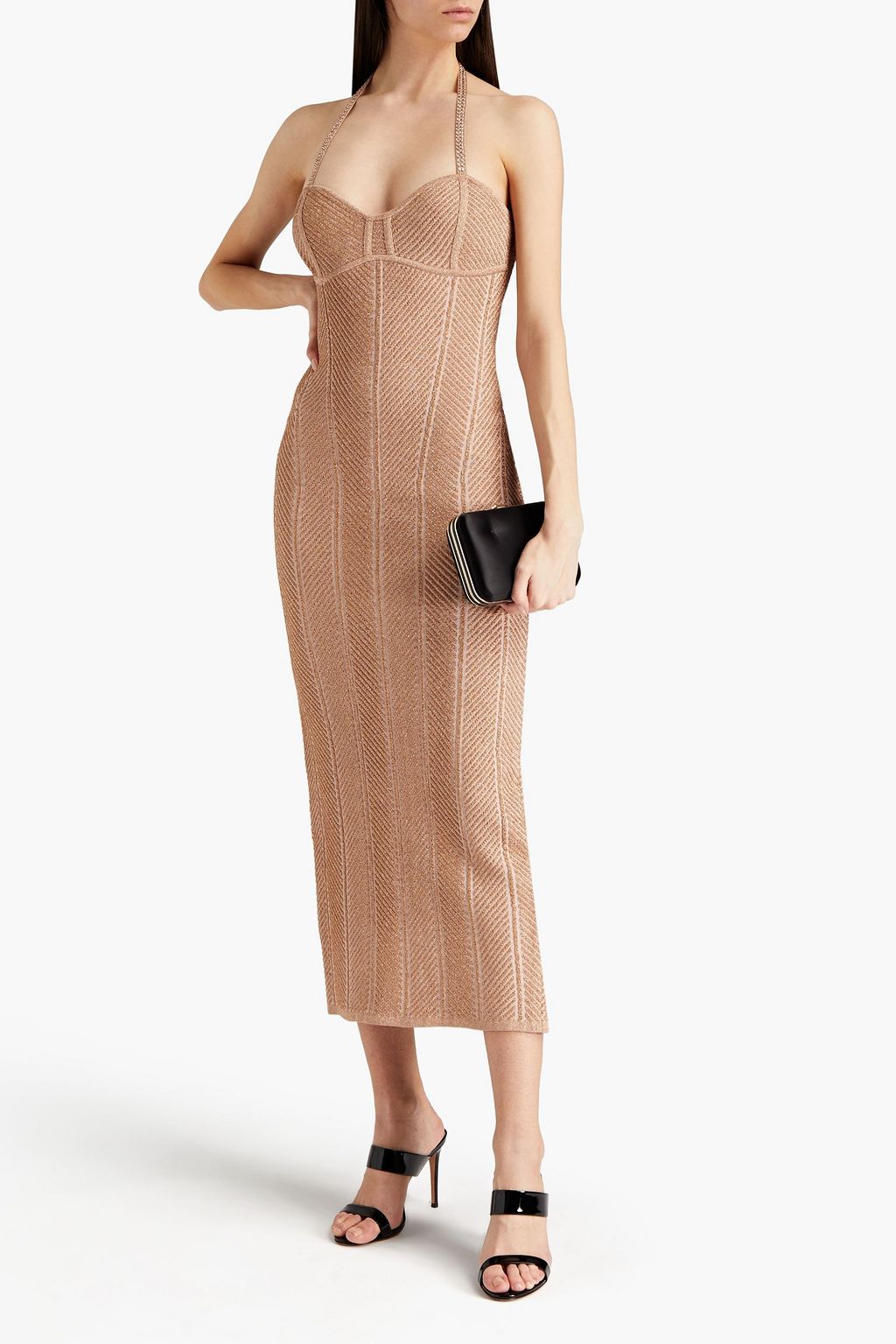 HERVÉ LÉGER Crystal-embellished metallic ribbed bandage halterneck midi dress
