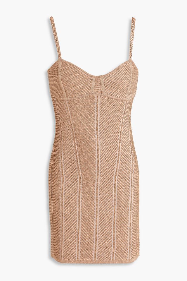 Crystal-embellished metallic ribbed bandage mini dress