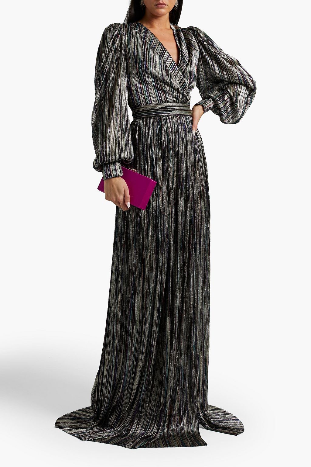 RHEA COSTA Wrap-effect metallic jacquard gown
