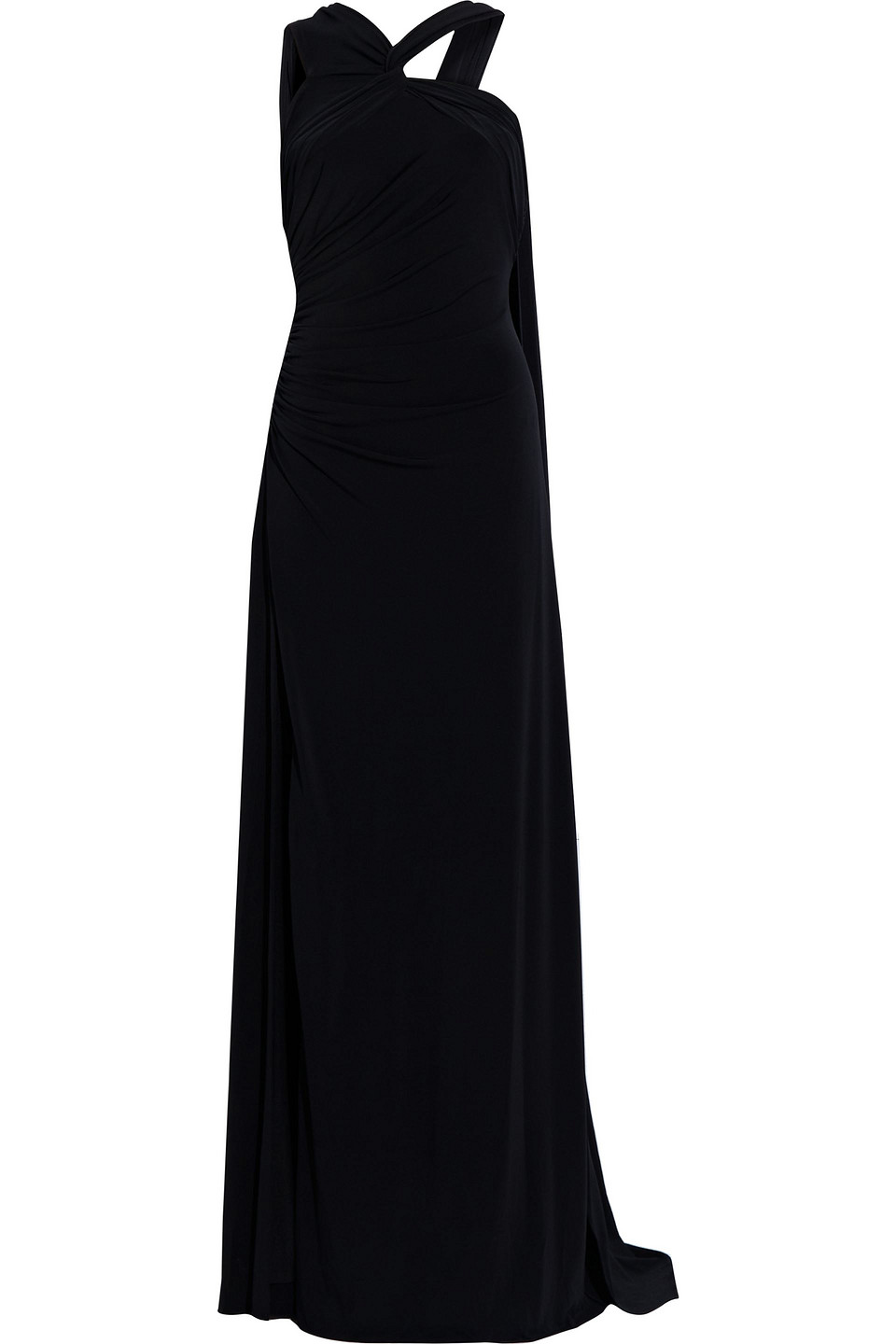 Halston Twist-front Draped Ruched Stretch-jersey Gown In Black