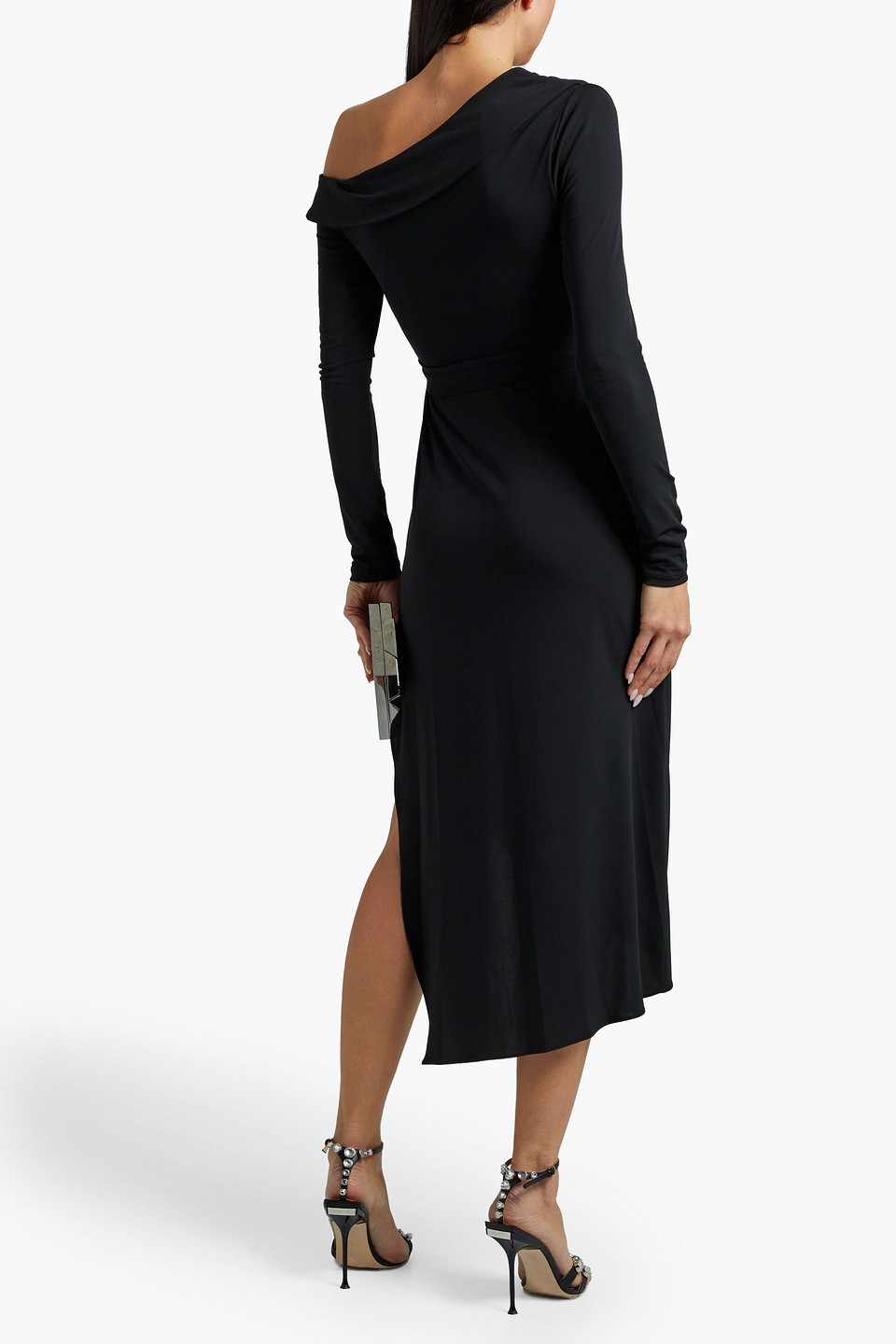 Shop Halston Eden One-shoulder Wrap-effect Stretch-jersey Dress In Black