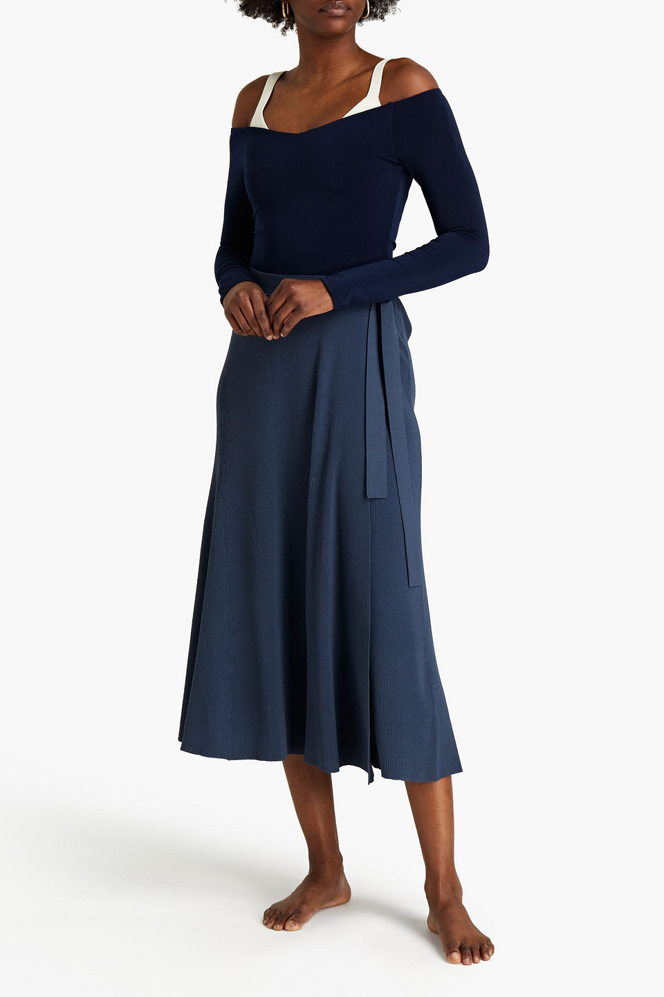 Live The Process Ribbed-knit Midi Wrap Skirt In Blue