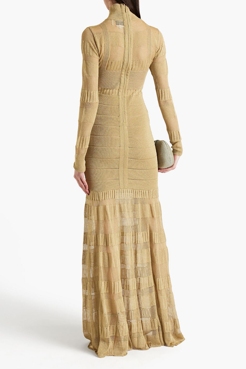 HERVÉ LÉGER Bandage-paneled metallic pointelle-knit gown