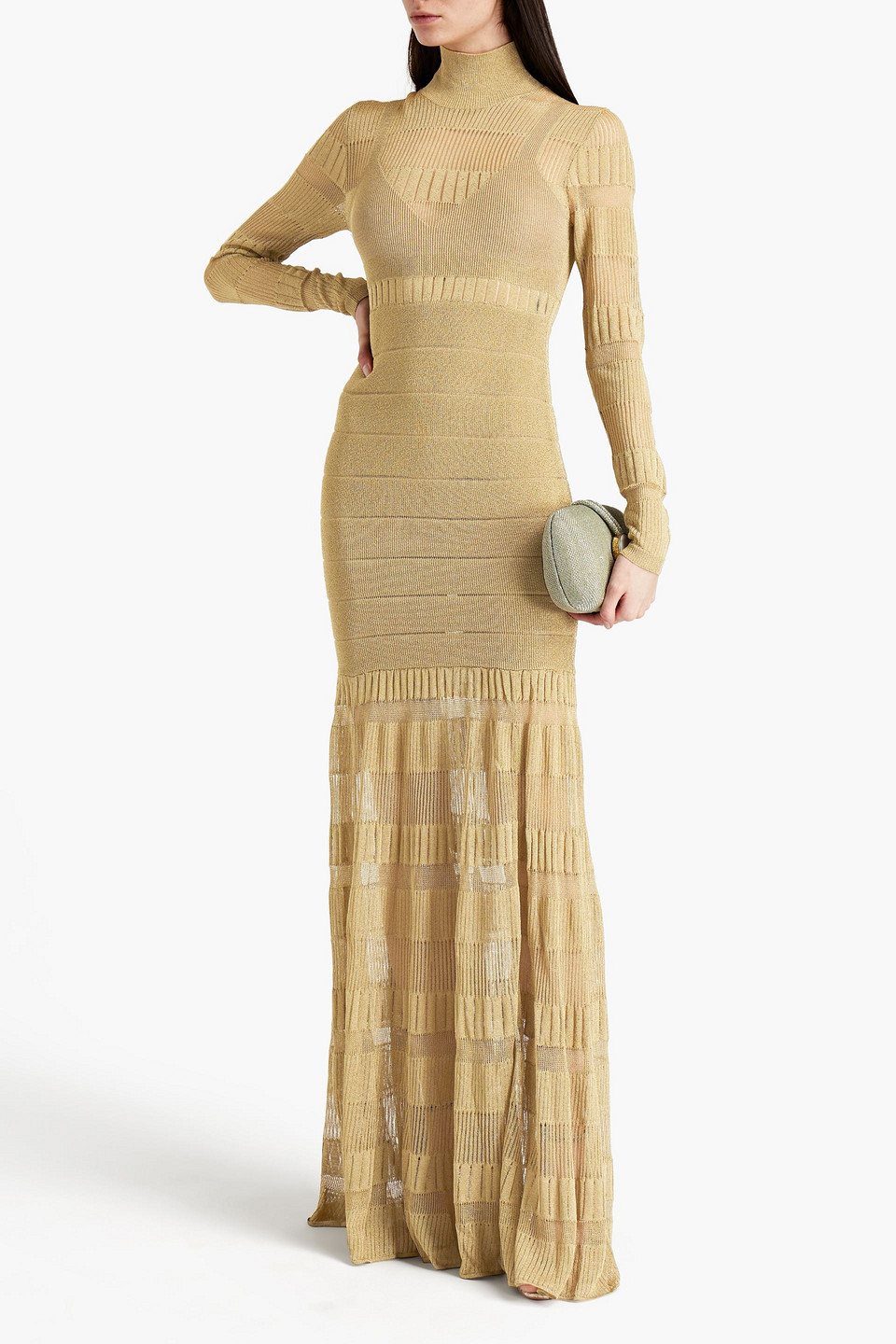 Herve Leger Bandage-paneled Metallic Pointelle-knit Gown In Gold