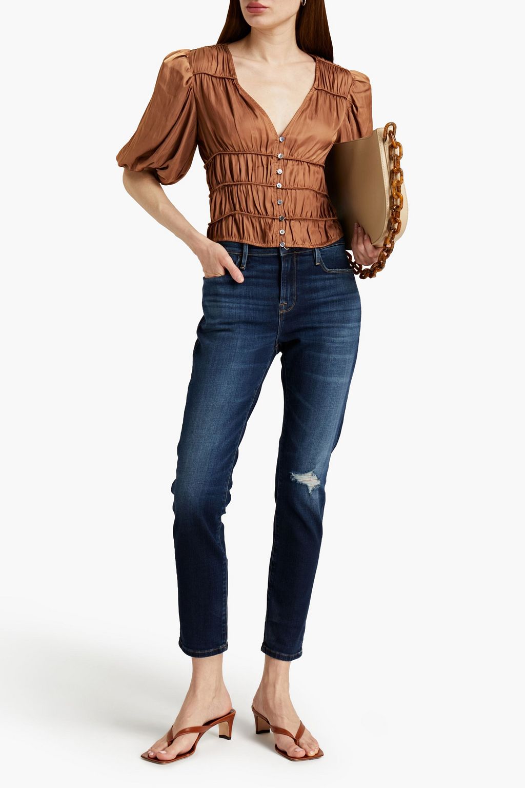 FRAME Cropped gathered satin top