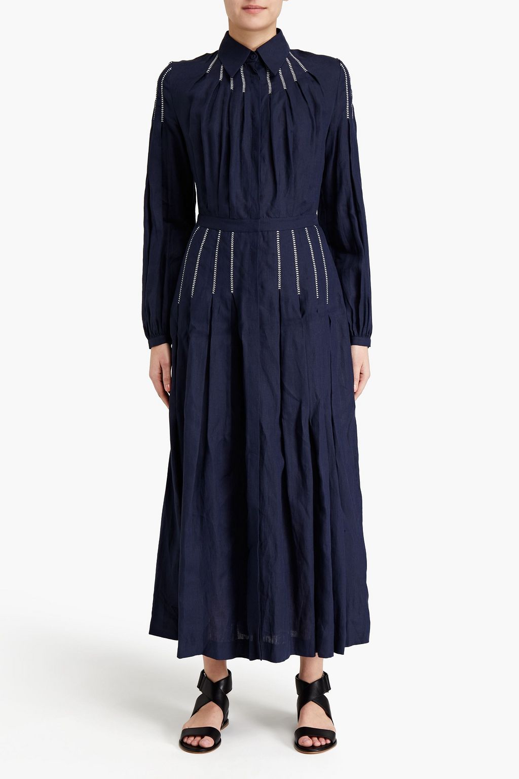 GABRIELA HEARST Watkins embroidered pleated linen midi shirt dress