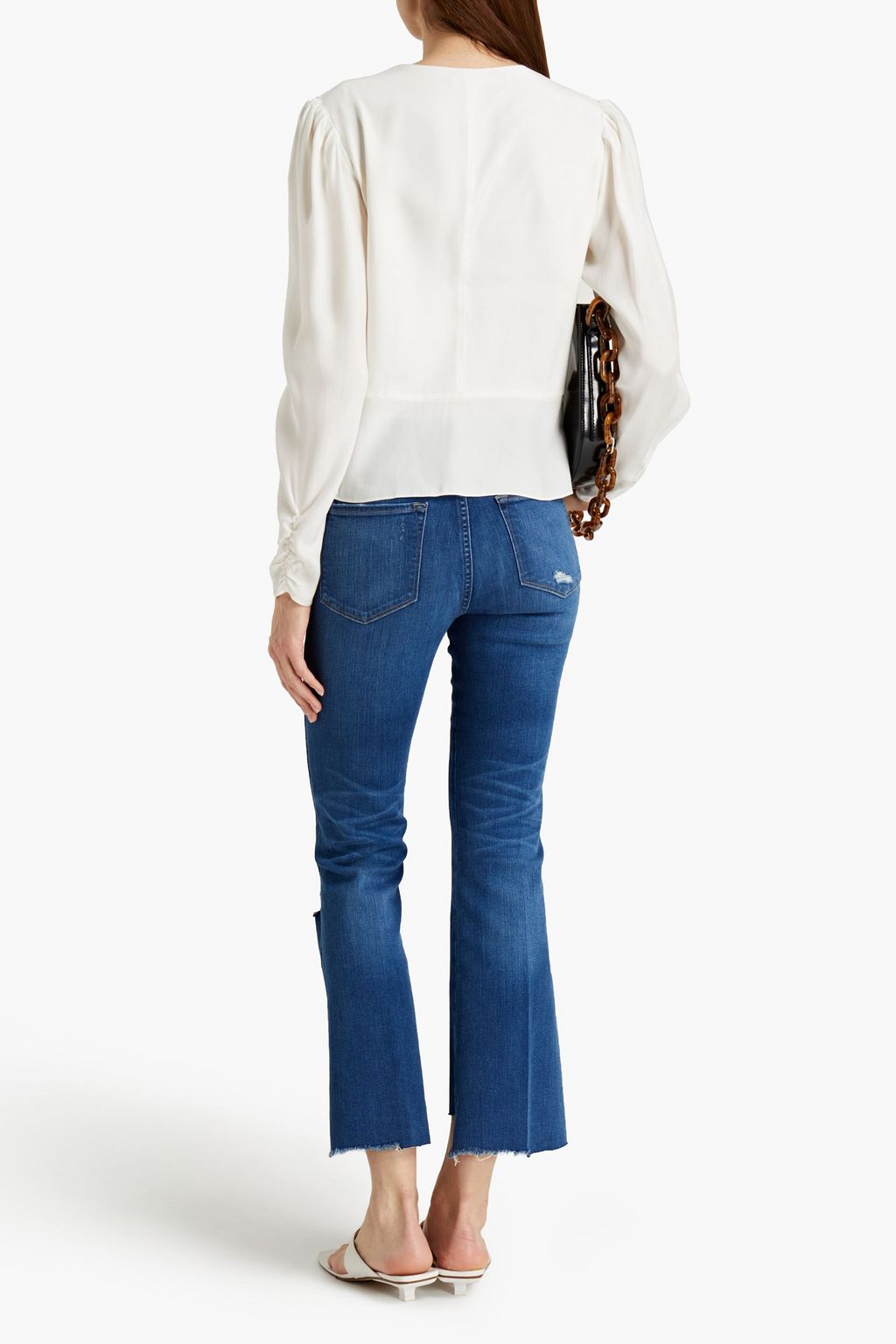 FRAME Ruched silk-satin peplum blouse